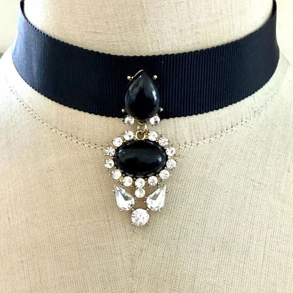 Black Ribbon Choker Statement Necklace Rhinestone Drop Gothic Glam